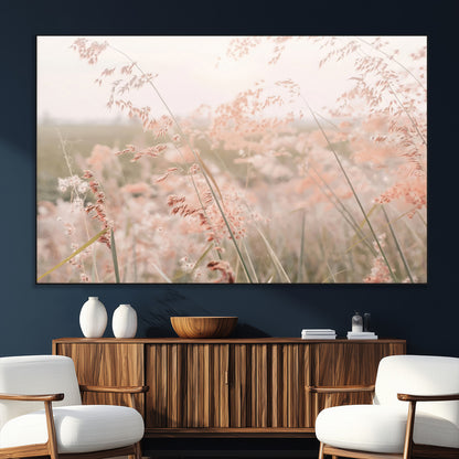 Soft pastel field with wild grasses in warm light, ideal for minimal nature or airy countryside-inspired interior wall decoration.