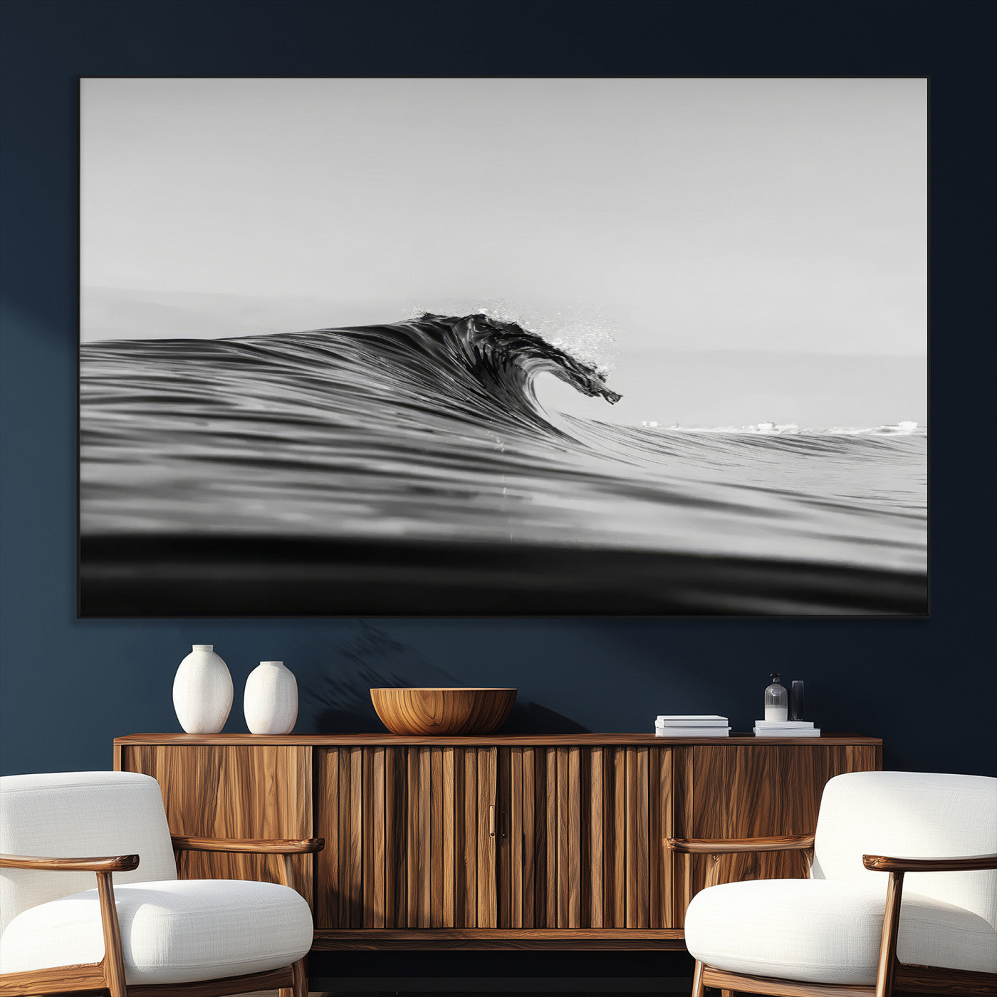 Striking black and white photo of a curling wave, ideal for modern coastal or minimalist wall decor settings.