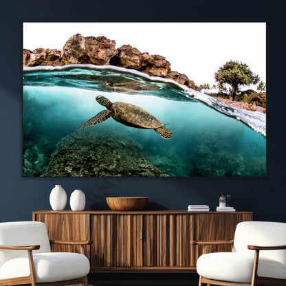 Dynamic split-view photo of a sea turtle swimming near rocky shores, perfect for vibrant coastal or tropical beach home decor.