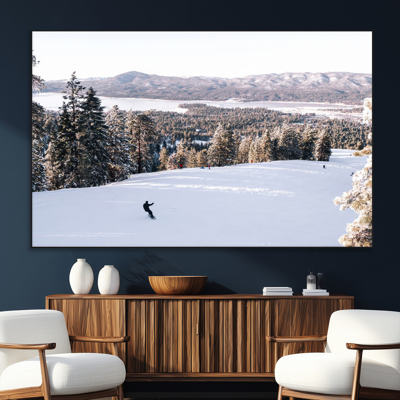 Canvas of a snowy mountain ski slope with pine trees and bright winter light, ideal for modern rustic or alpine-inspired home decor.