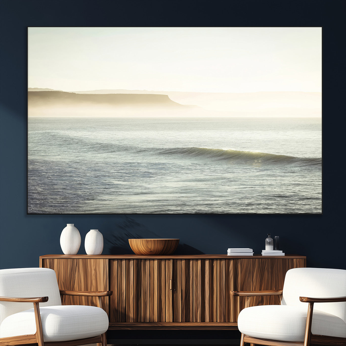 Canvas of a misty ocean scene with coastal cliffs and soft neutral tones, ideal for Scandinavian coastal or minimalist nature-inspired home decor.