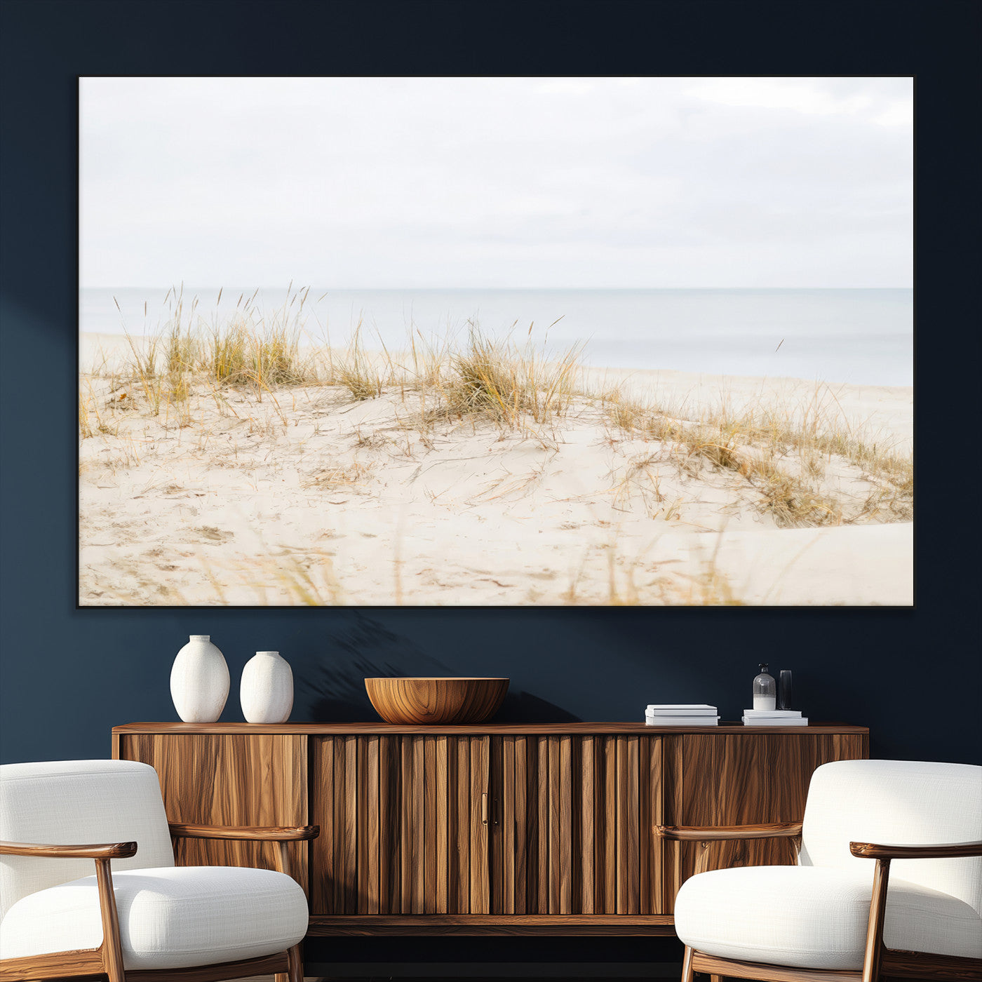 Canvas of soft beach dunes and coastal grasses in neutral tones, perfect for Scandinavian coastal or minimalist nature-inspired home decor.   2/2