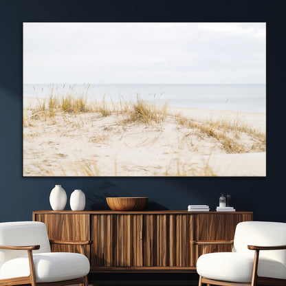Canvas of soft beach dunes and coastal grasses in neutral tones, perfect for Scandinavian coastal or minimalist nature-inspired home decor.   2/2