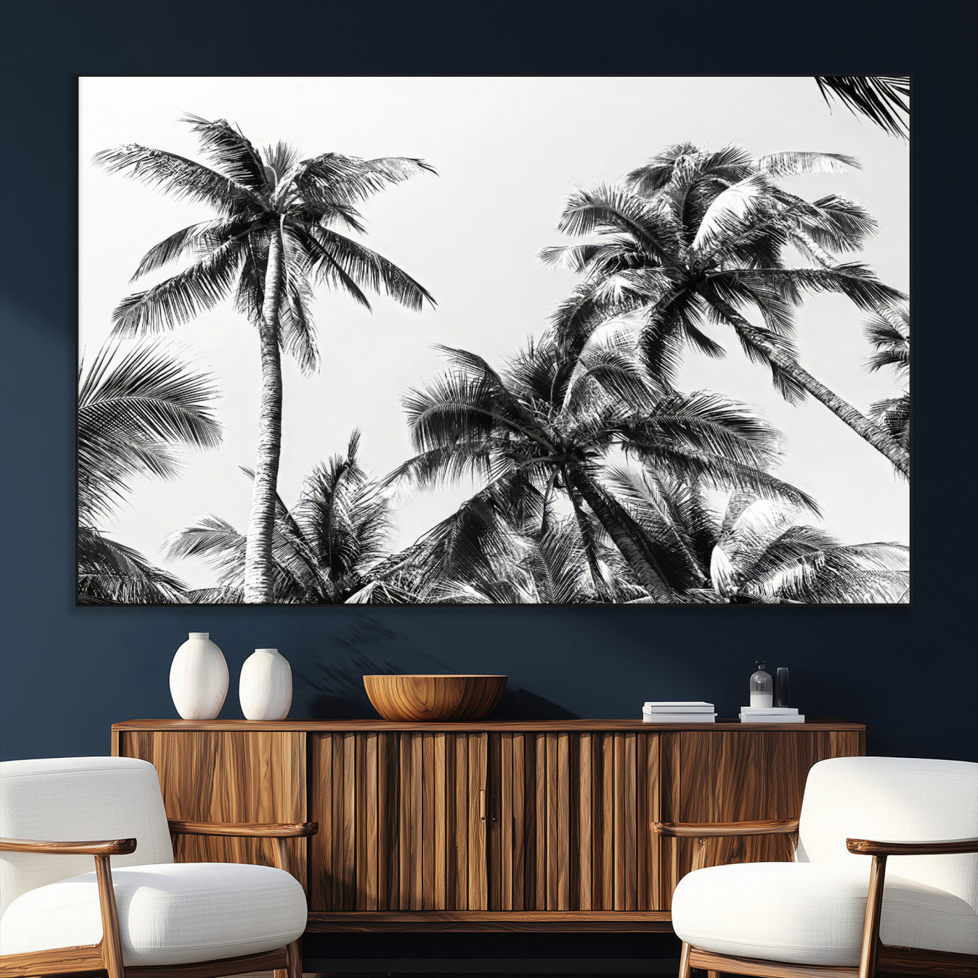 Black and white canvas of tall palm trees in moody tones, perfect for modern tropical minimalist or coastal-style home decor.