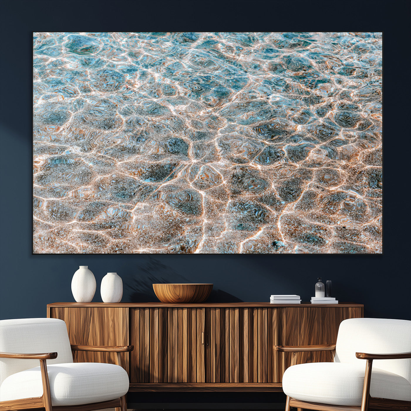 Close-up of sunlit ocean ripples with aqua blue and golden tones, ideal for modern coastal or minimalist home decor.