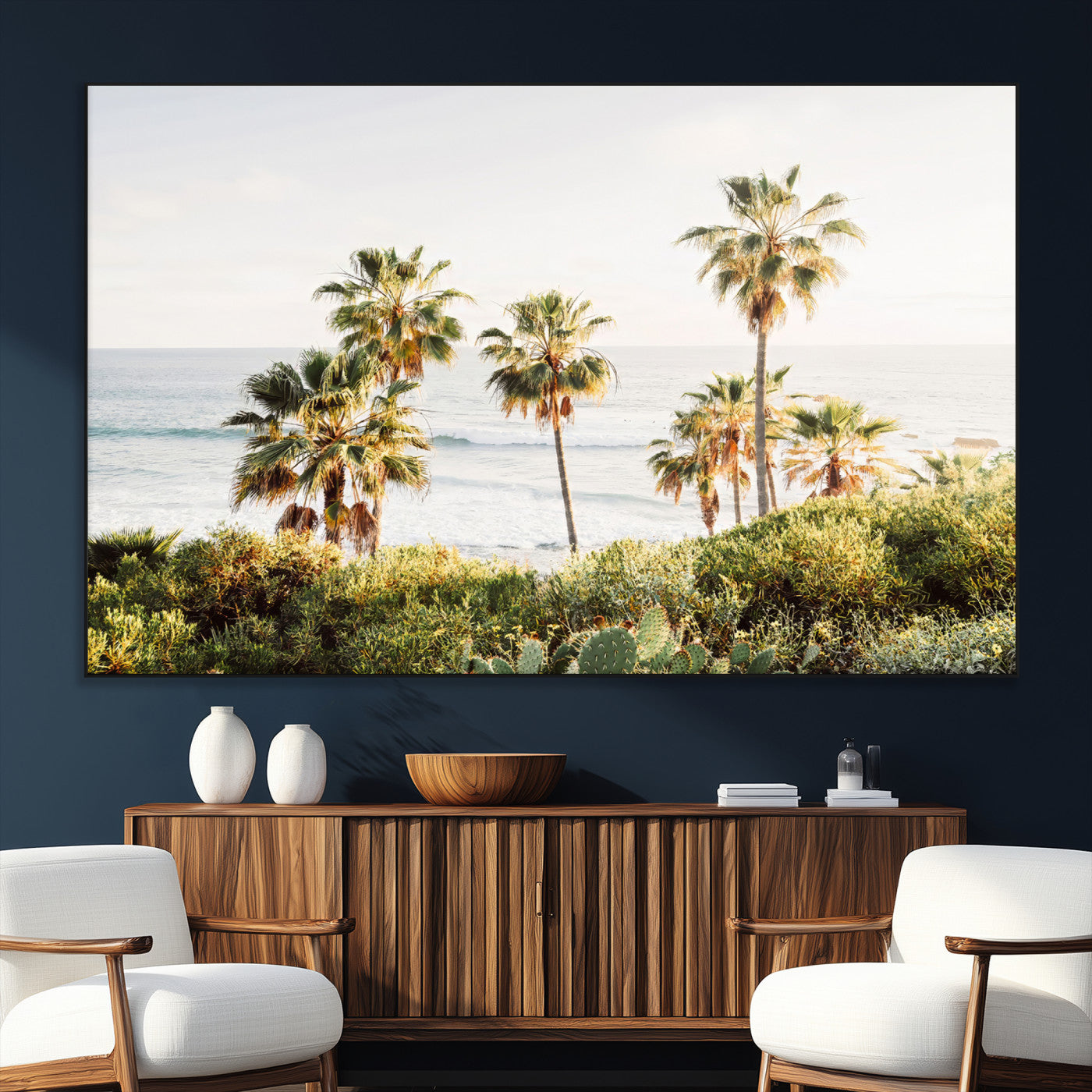 Framed print of sunlit palm trees on the California coast with warm tones, perfect for coastal minimalist or beach-style home decor.
