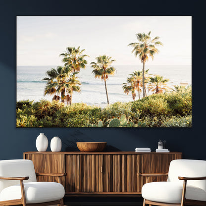 Framed print of sunlit palm trees on the California coast with warm tones, perfect for coastal minimalist or beach-style home decor.