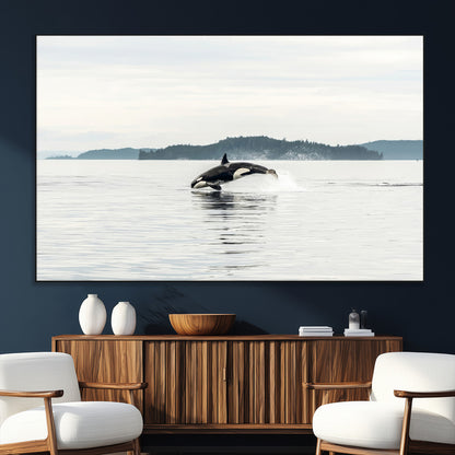 An orca jumping out of calm ocean waters with a misty island in the background, creating a serene and minimalist marine wildlife scene.