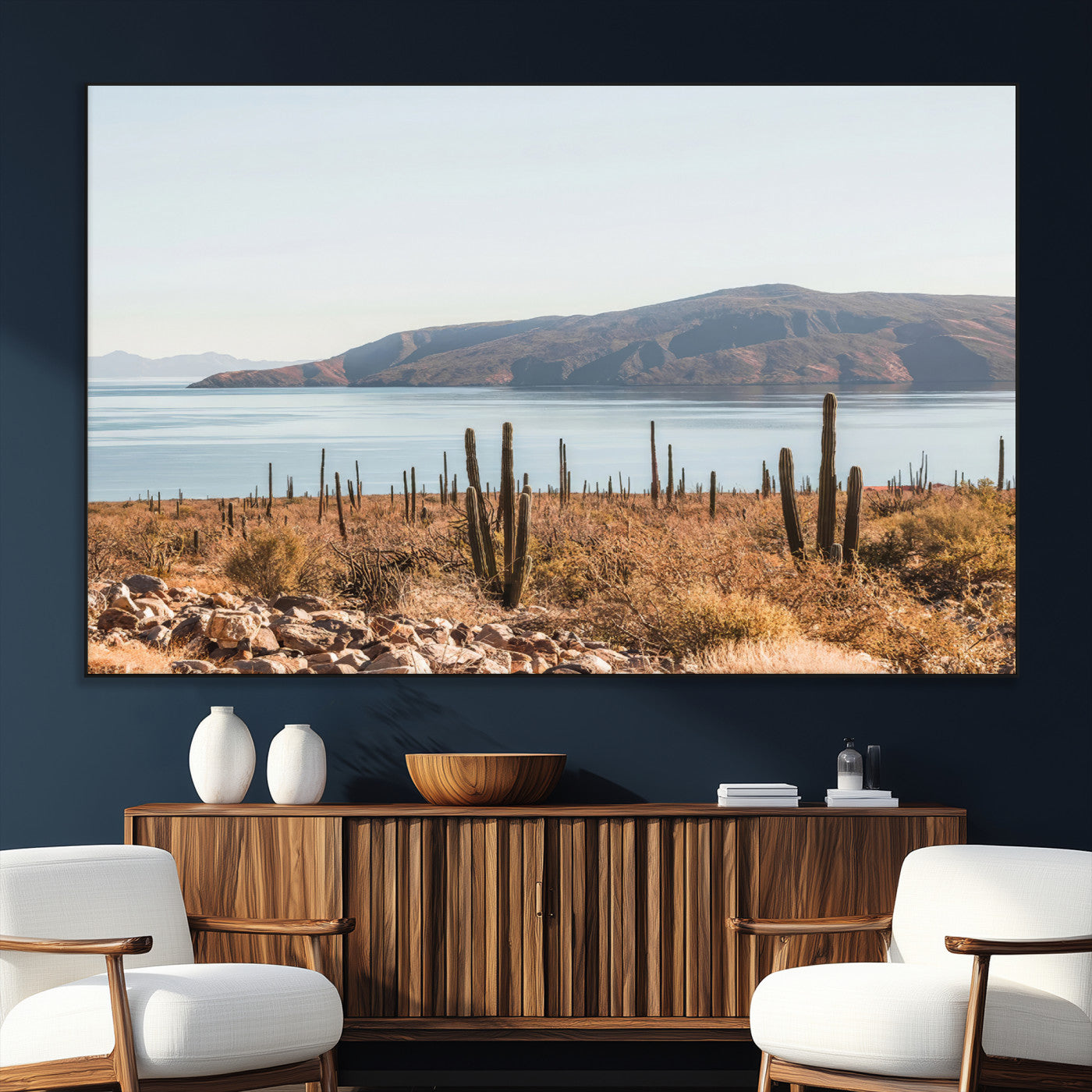 Warm desert landscape with cacti and coastal mountains, perfect for southwestern or earthy calm-themed home wall decor.