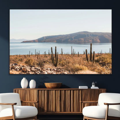 Warm desert landscape with cacti and coastal mountains, perfect for southwestern or earthy calm-themed home wall decor.