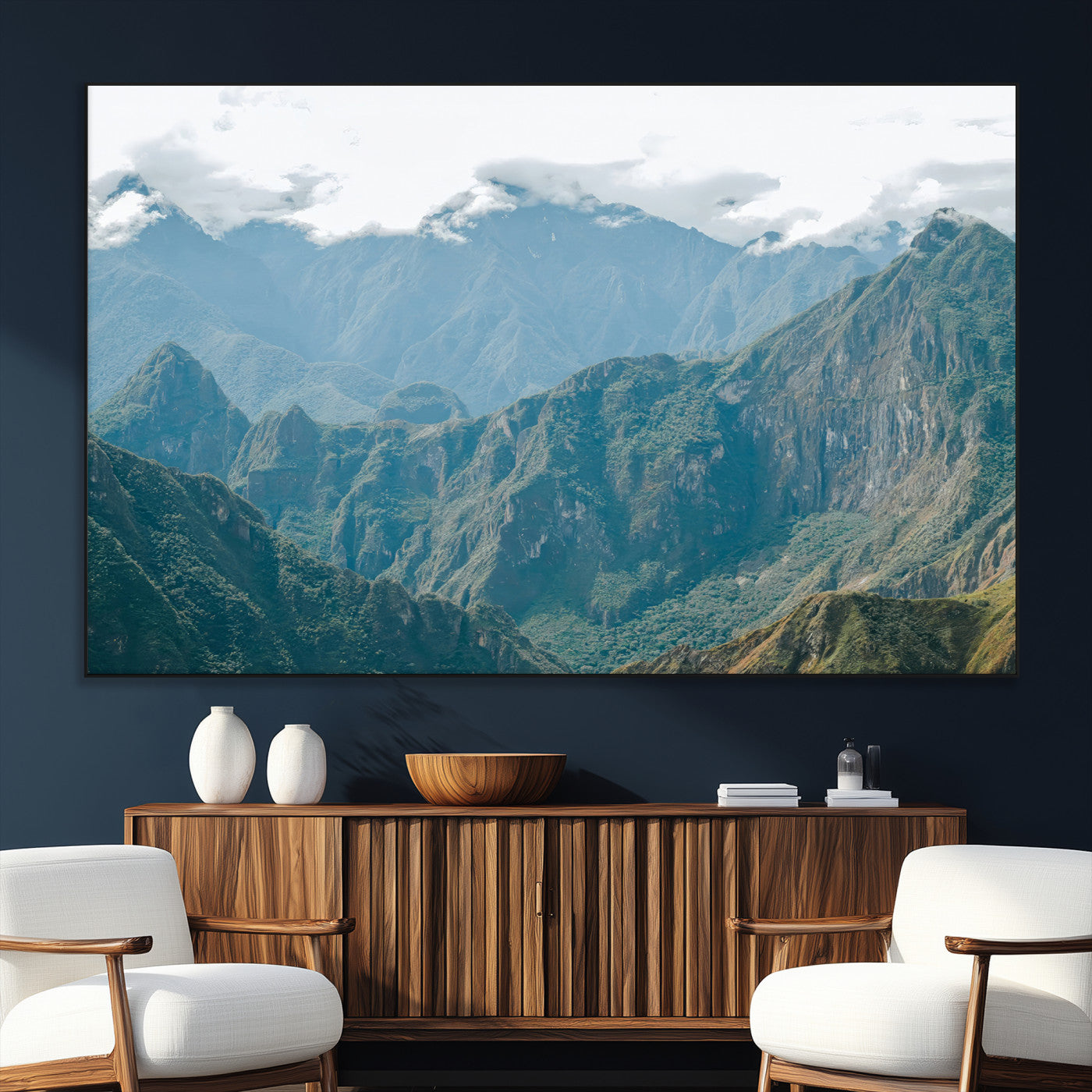 A misty mountain landscape with cloud-covered Andean peaks and lush green valleys, creating a dramatic and serene view, perfect for rustic or nature-inspired home decor.