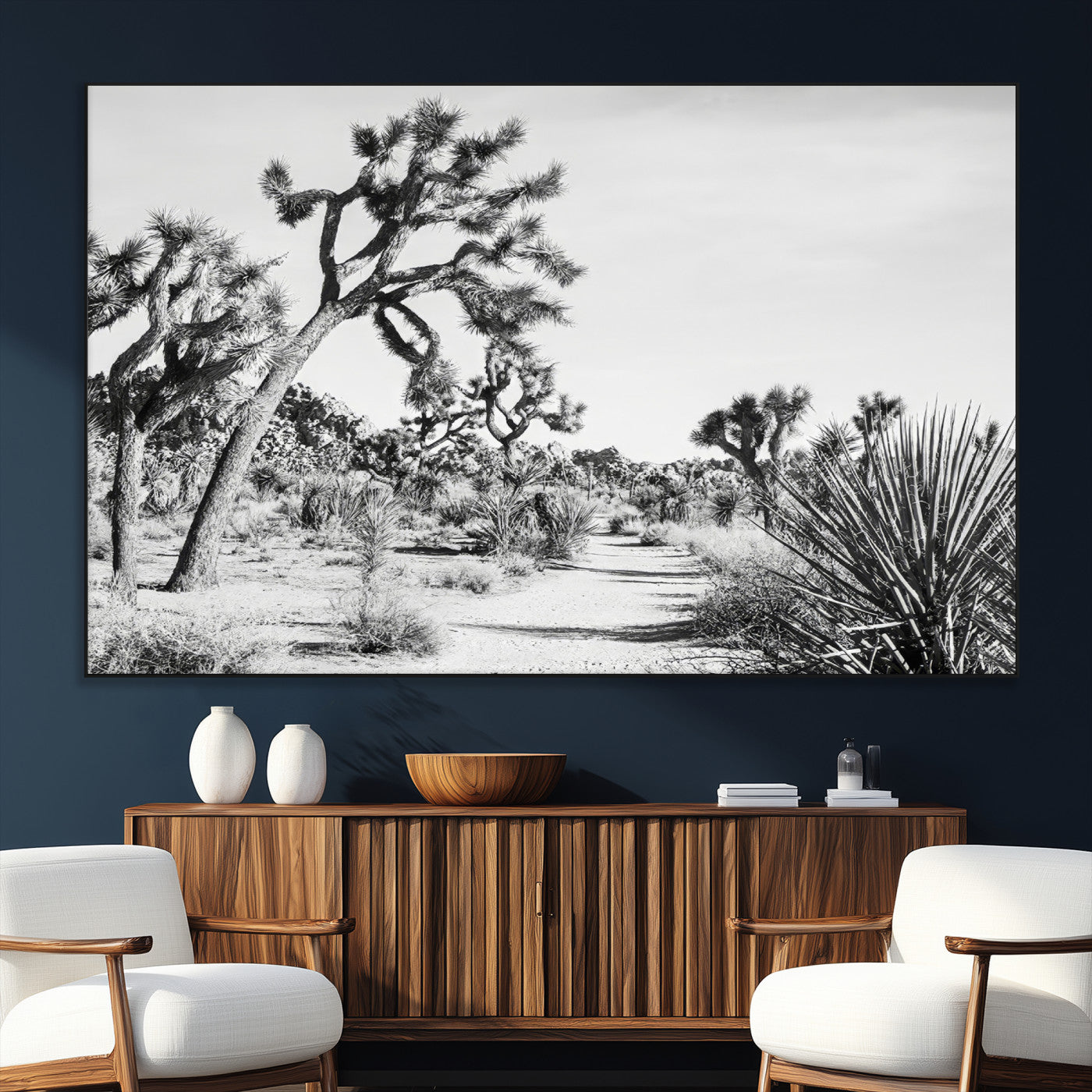 Canvas of a Joshua Tree forest in black and white tones, featuring a desert path and spiky vegetation, ideal for minimalist or rustic decor.