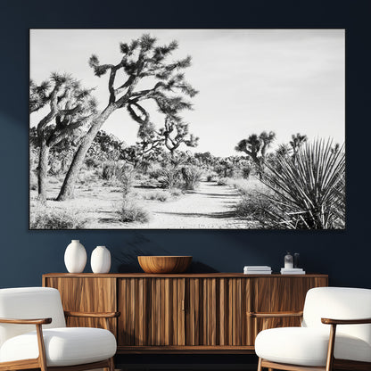 Canvas of a Joshua Tree forest in black and white tones, featuring a desert path and spiky vegetation, ideal for minimalist or rustic decor.