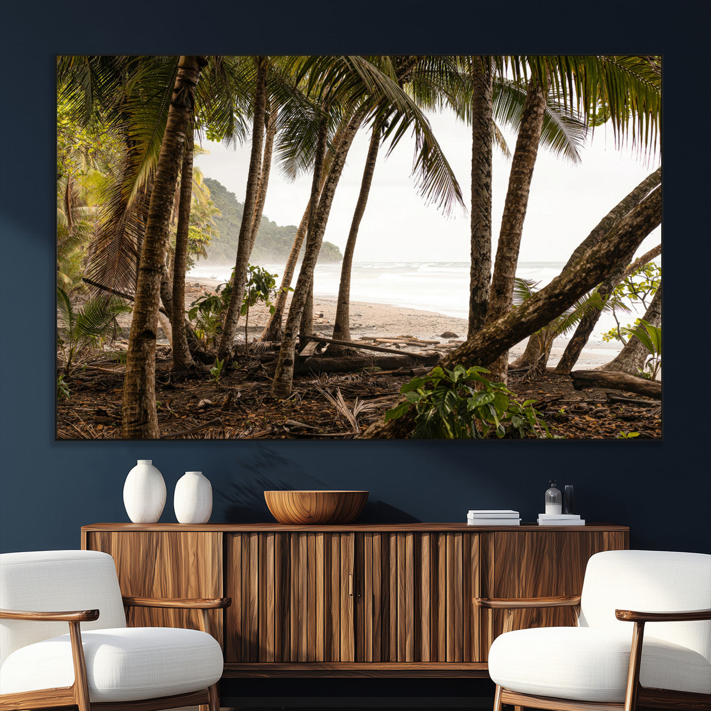 Dense tropical palm trees framing a sandy beach and ocean shore, ideal for jungle or coastal themed interior wall decor.