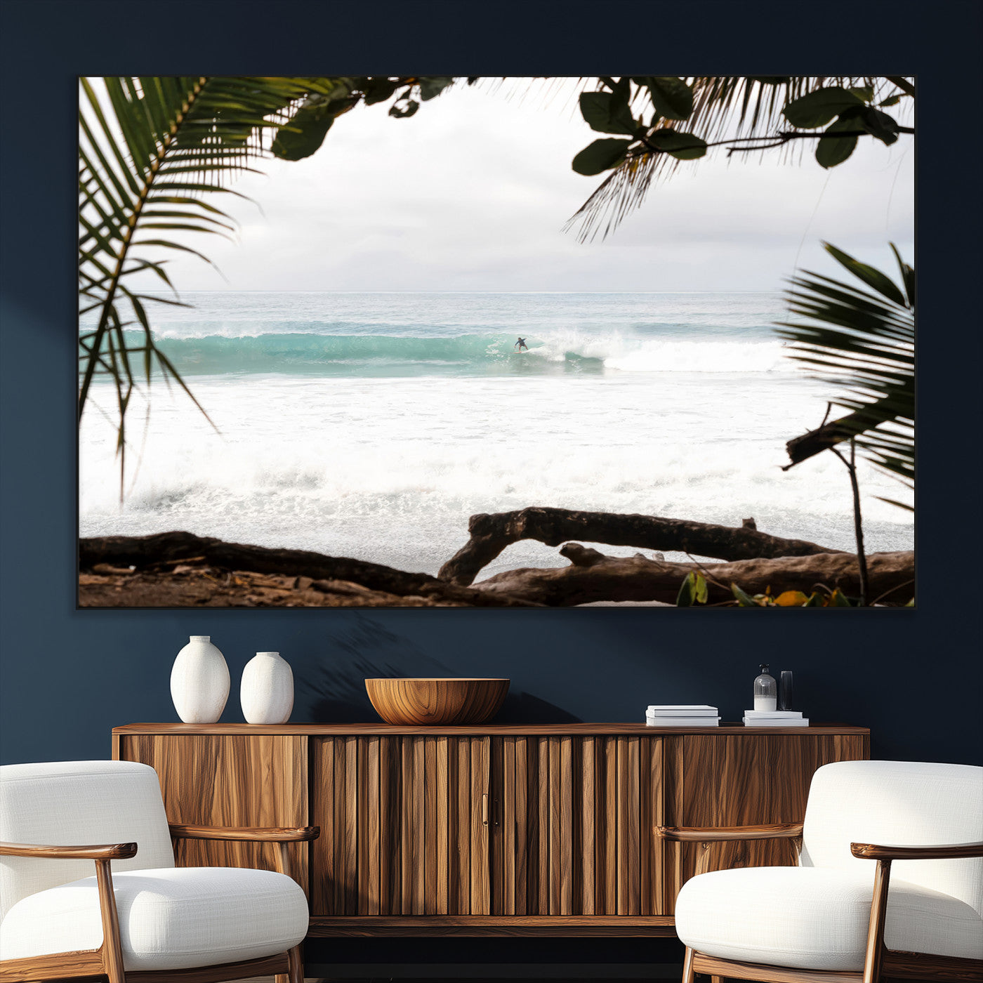 Tropical beach view with palm trees and surfer riding a wave, perfect for boho or coastal-inspired interior wall decor.