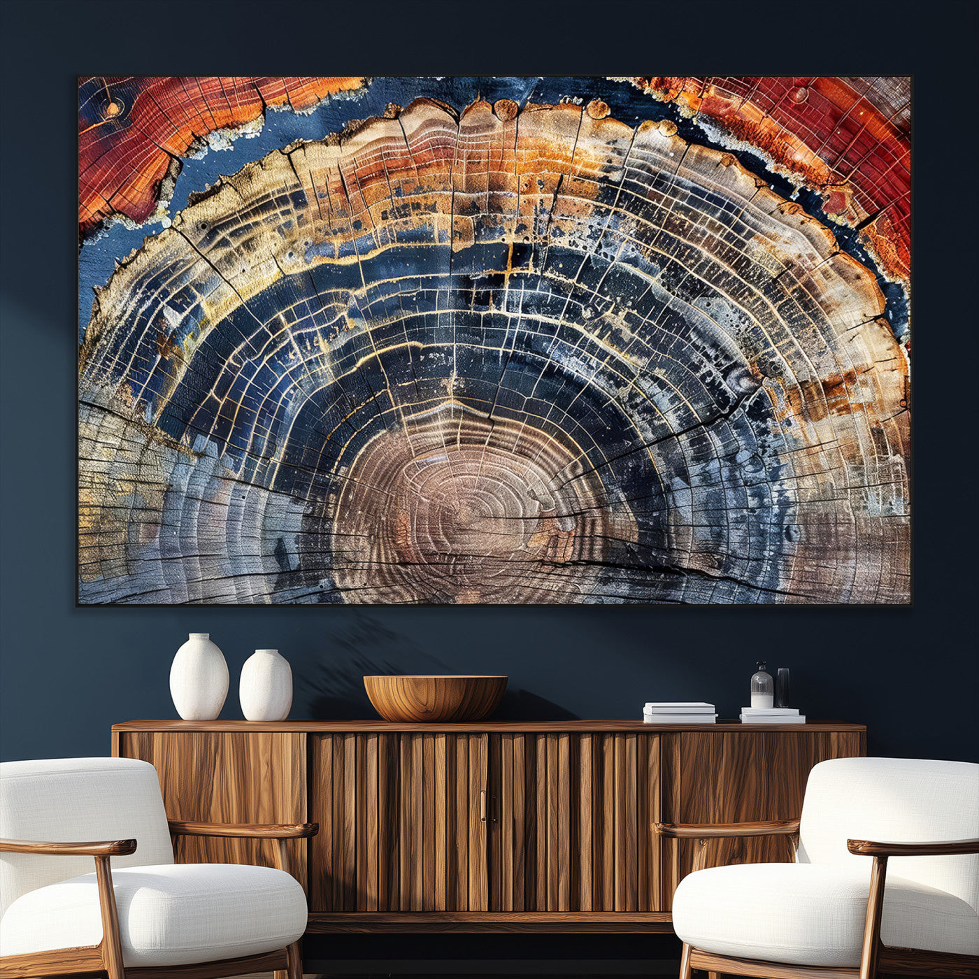 Vibrant tree ring with orange, brown, and blue tones in abstract detail, perfect for rustic or boho-inspired wall decor.