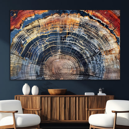 Vibrant tree ring with orange, brown, and blue tones in abstract detail, perfect for rustic or boho-inspired wall decor.