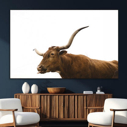 Minimal photo of a longhorn cow with white background, ideal for rustic, western or farmhouse-style interior decor.