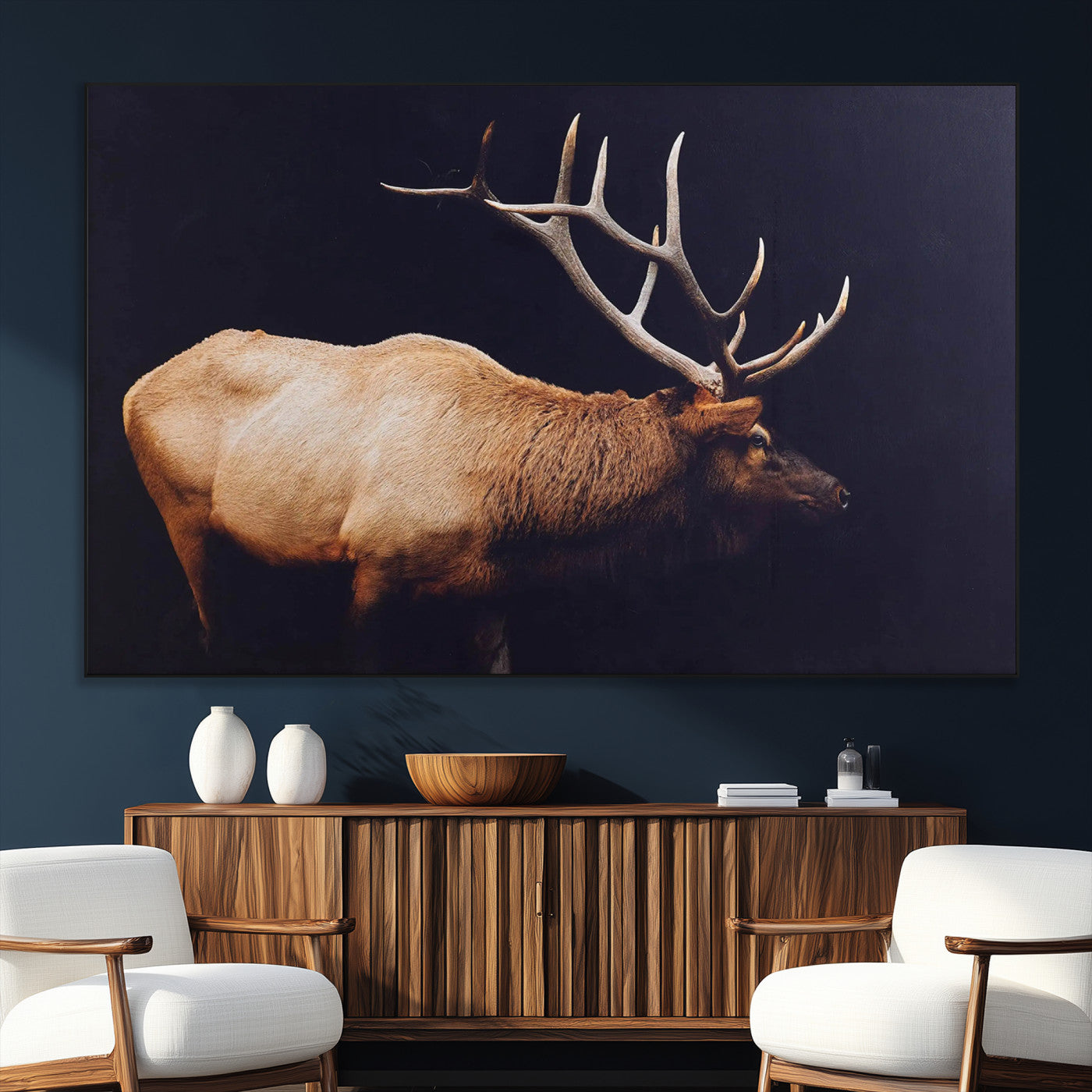 Side view of a majestic elk with large antlers against dark background, perfect for rustic lodge or cabin style home decoration.