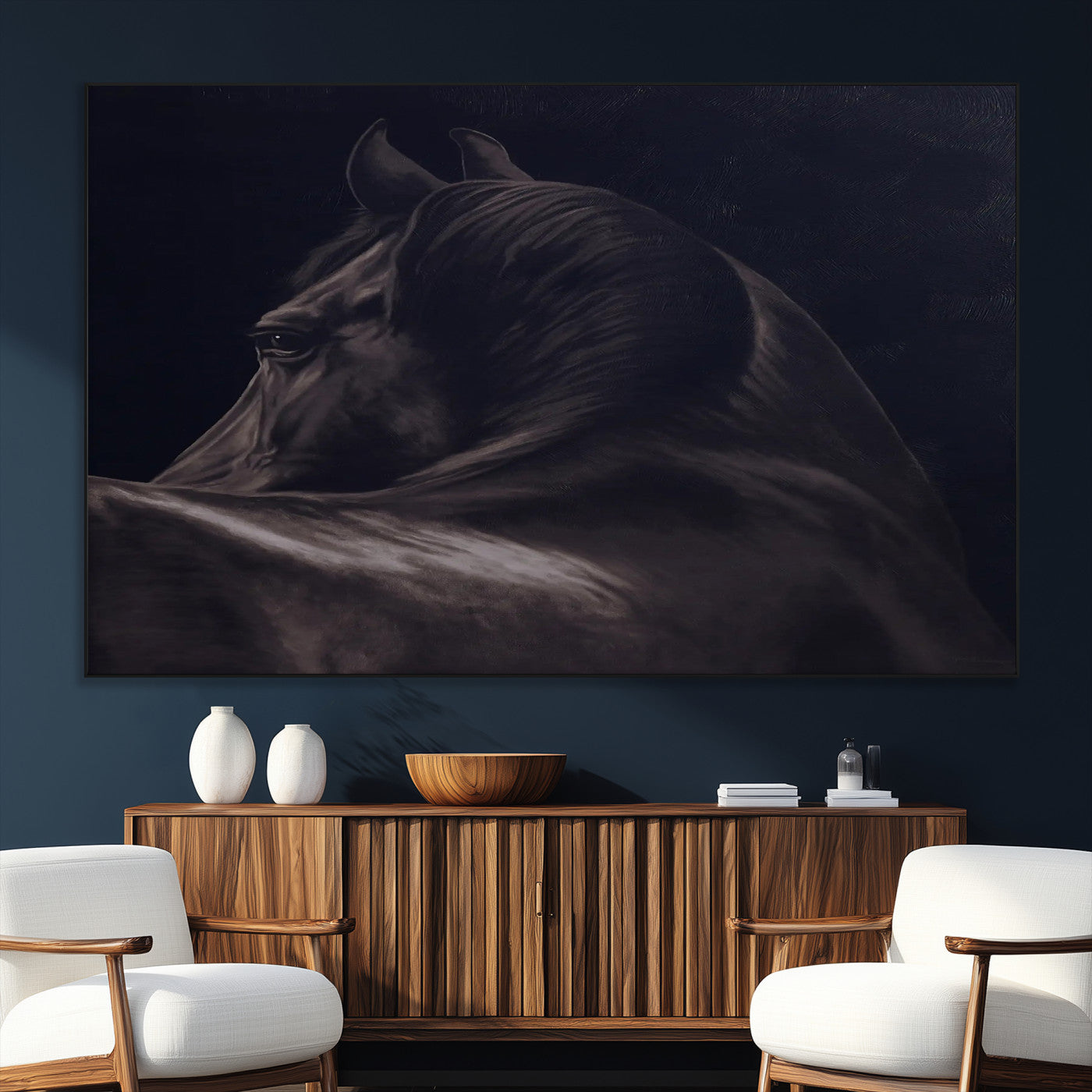 Close-up of a black horse with dramatic lighting on a dark background, perfect for rustic or masculine home decor.