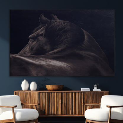 Close-up of a black horse with dramatic lighting on a dark background, perfect for rustic or masculine home decor.