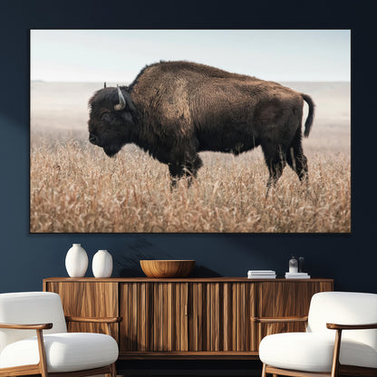 A lone bison stands in a vast prairie under a soft sky, evoking freedom and rustic charm for western or farmhouse inspired interiors.