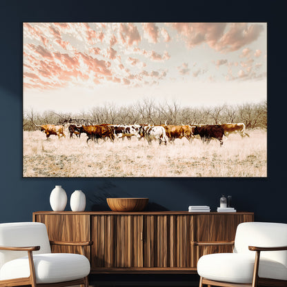 Cattle herd in a soft-toned field under a pastel pink sky, creating a peaceful rustic feel, perfect for farmhouse or western-themed spaces.