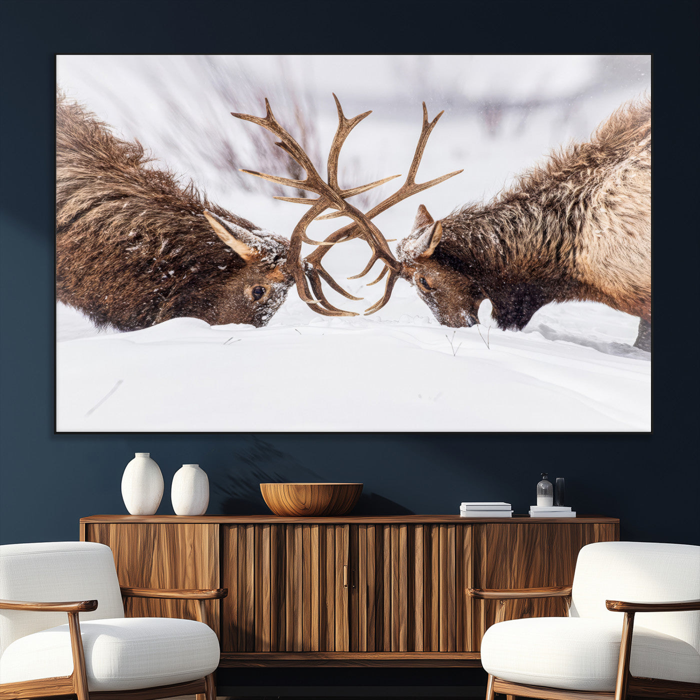 Two elk clashing antlers in a snowy forest, capturing raw power and wild energy, ideal for rustic cabin or lodge-style decor.