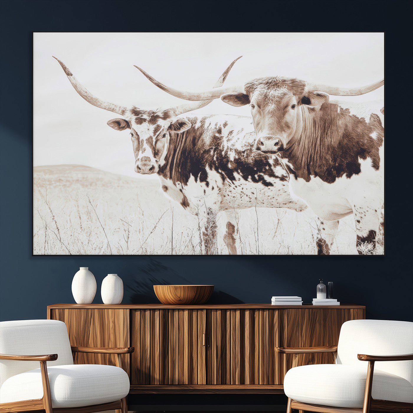 Two longhorn cows standing in a sepia-toned pasture with soft light, ideal for rustic or farmhouse-themed neutral wall decor.