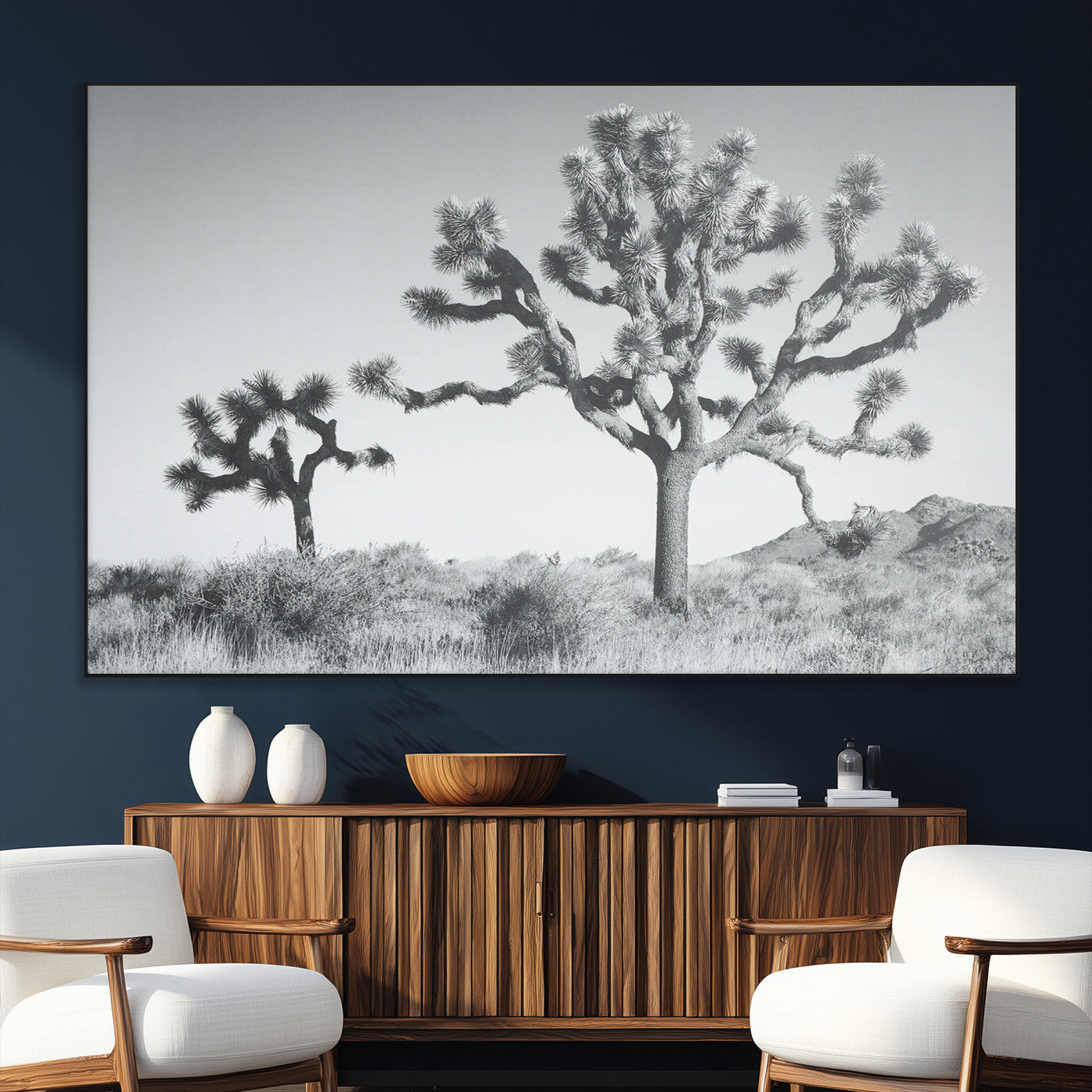 Black and white Joshua tree in a desert landscape with soft light and dry brush, perfect for rustic or minimalist home decor.