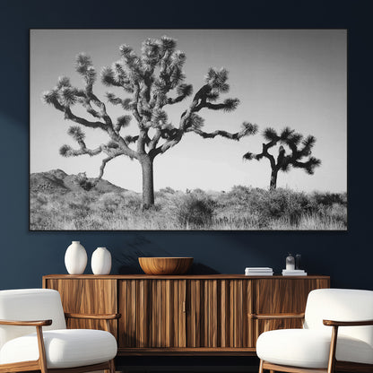 Black and white Joshua trees in a rugged desert landscape, creating a calm and minimalist feel for natural or rustic-themed interiors.