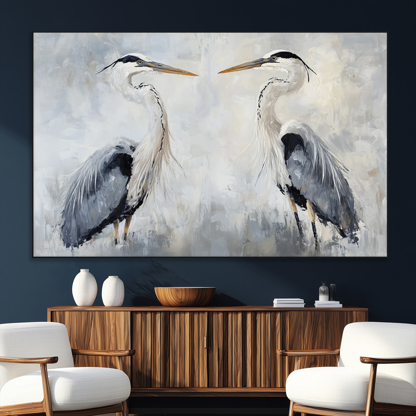 Two herons facing each other on a soft-toned background with blue-grey feathers, perfect for tranquil, coastal or nature-themed interiors.