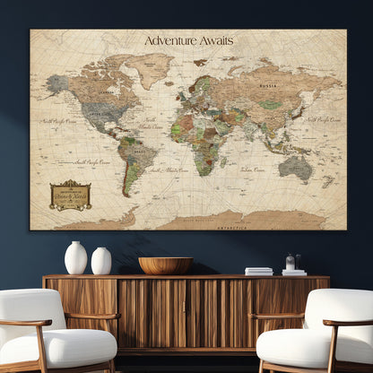 Custom Push Pin World Map Wall Canvas Print – Personalized Travel Tracker with Pins – Framed Custom Quotie Canvas for Home Office Decor
