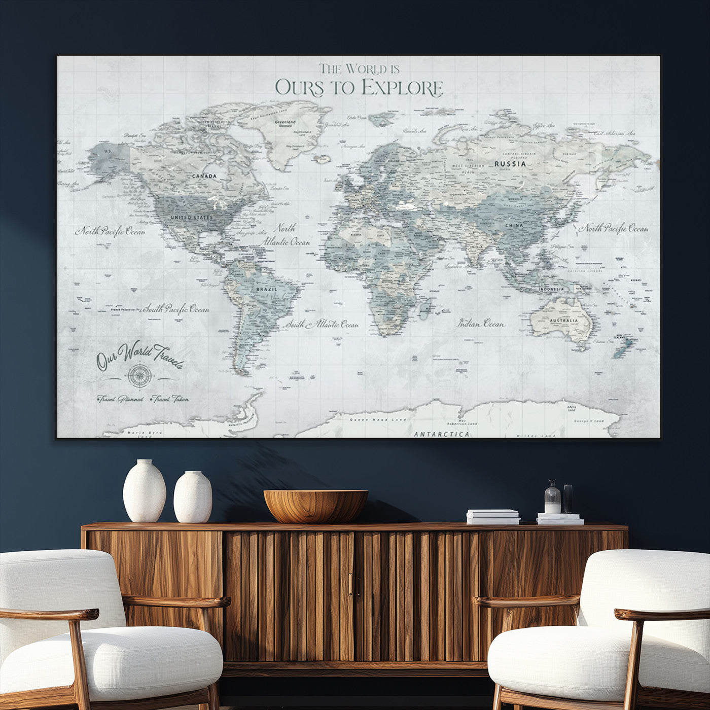 Custom Push Pin World Map Wall Canvas Print – Personalized Travel Tracker with Pins – Framed Custom Quotie Canvas for Home Office Decor