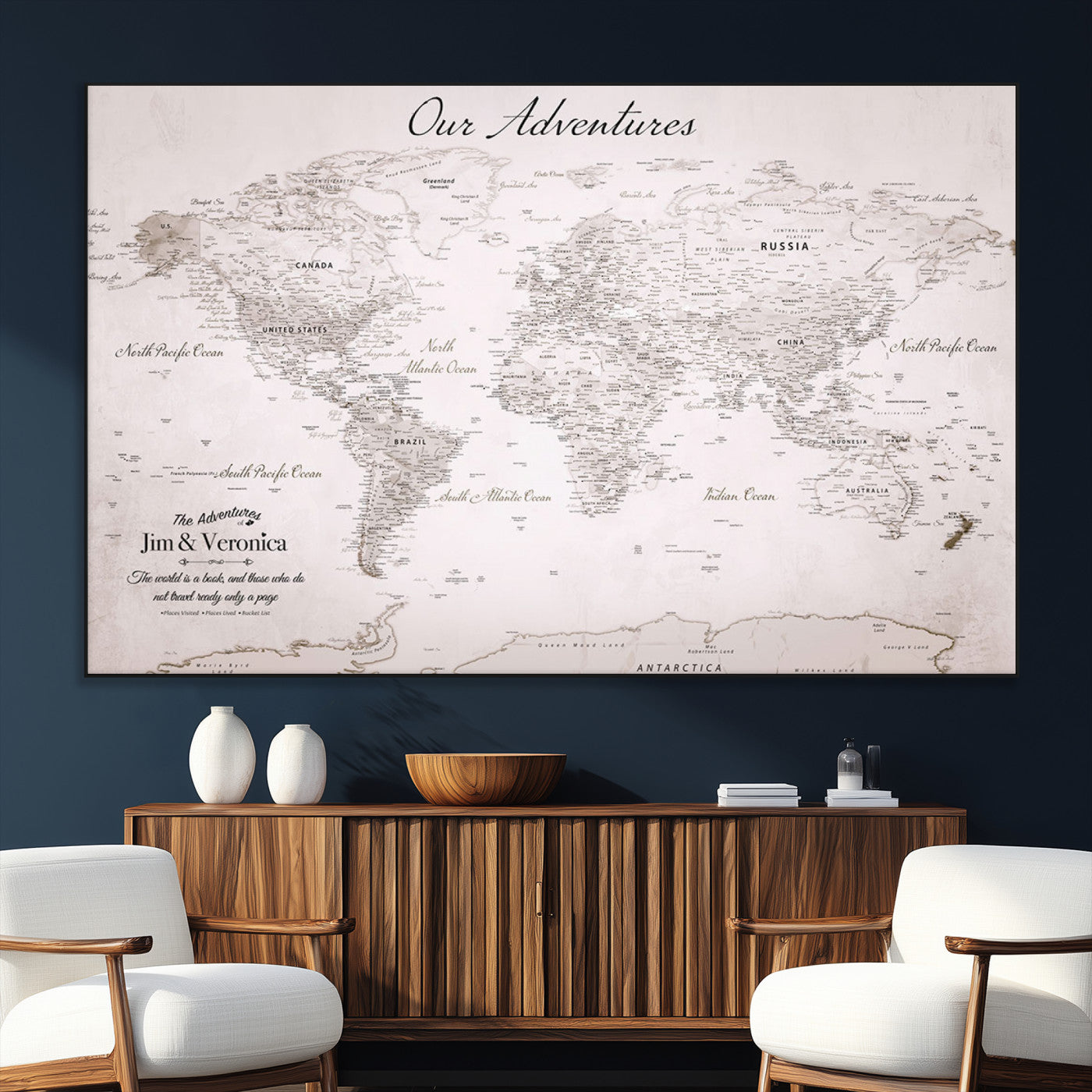 Customize Push Pin World Map Wall Canvas Print – Personalized Travel Map with Foam Pins – Framed Custom Quotie Canvas for Home Office Decor