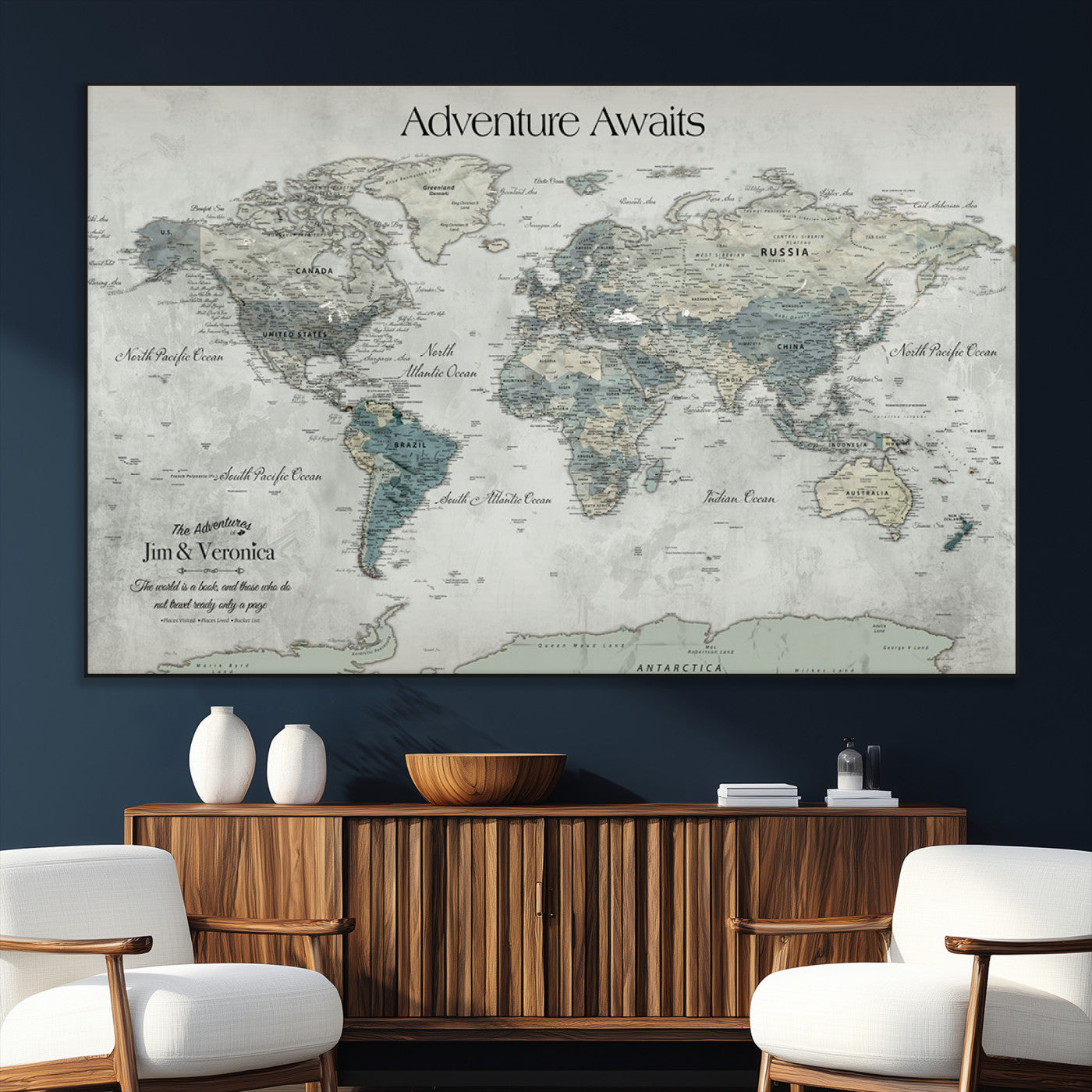Customize Push Pin World Map Wall Canvas Print – Personalized Travel Tracker with Pins – Framed Custom Quotie Canvas for Home Office Decor