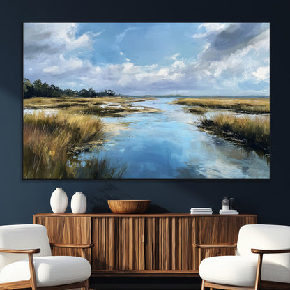 A beautiful, painterly landscape of a calm river winding through a marsh, with vibrant green grasses and a bright blue sky filled with fluffy clouds.