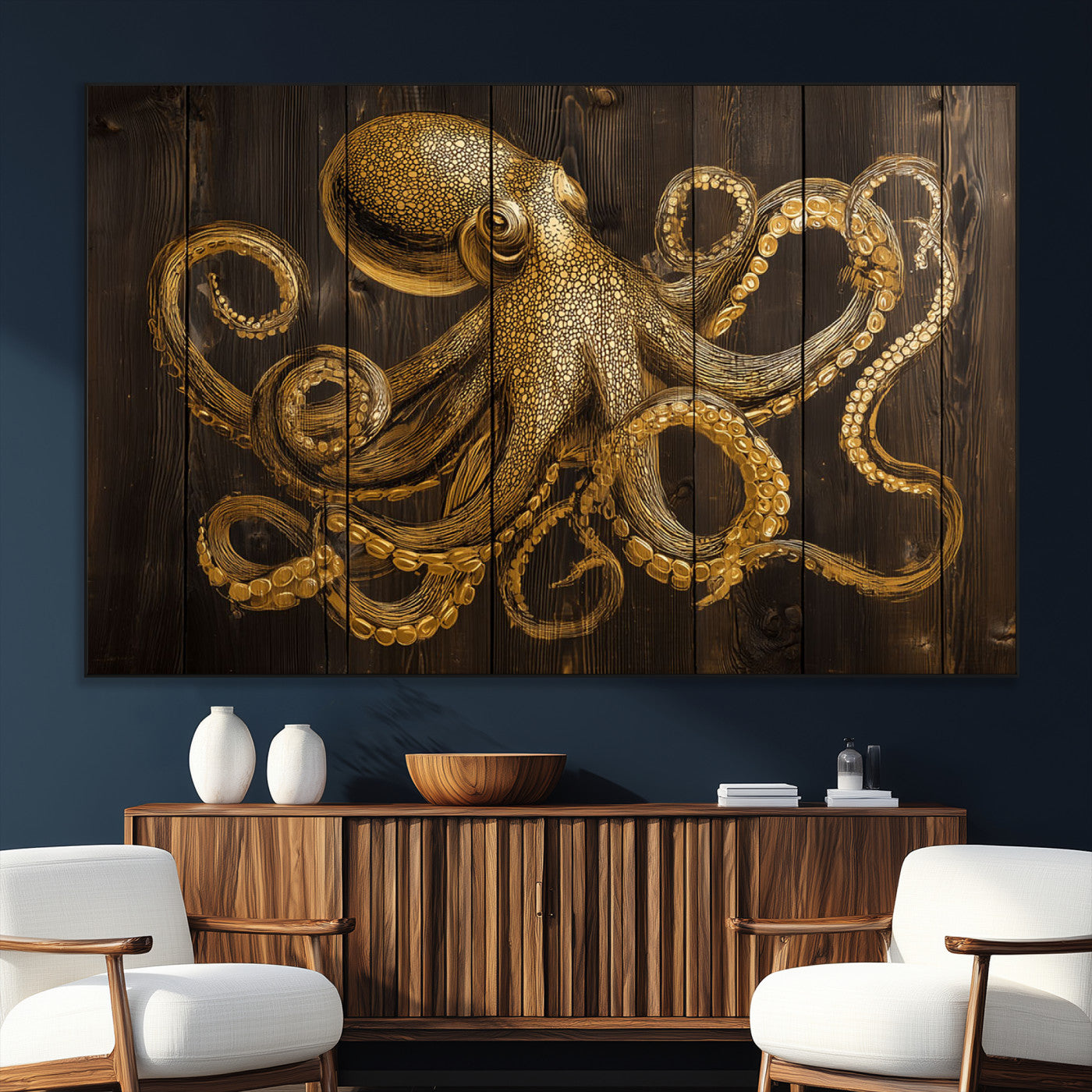 An artistic rendering of an octopus in gold ink on wooden planks, showcasing intricate details of its tentacles and textured skin.