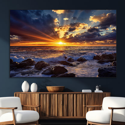 An explosive sunset over the ocean with dramatic clouds and rays of sunlight reflecting off the water, creating a vibrant and captivating view.