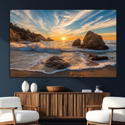 Rocky Ocean Sunset Wall Art Print, Seaside Canvas Wall Art, Dramatic Seascape Canvas Print for Coastal Modern Decor, Ocean Sunset Art Printing