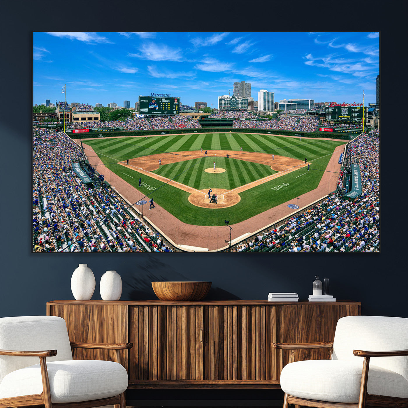 Wrigley Field Baseball Stadium Canvas Wall Art, Packed Crowd Sports Stadium Print, City Skyline Baseball Field Canvas for Game Room Decor