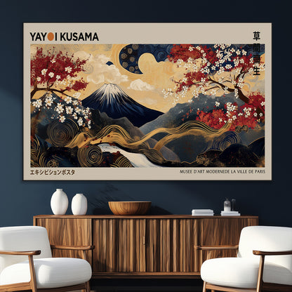Yayoi Kusama's artwork featuring Mount Fuji, blooming cherry trees, and intricate swirls, blending traditional Japanese elements with vibrant color.