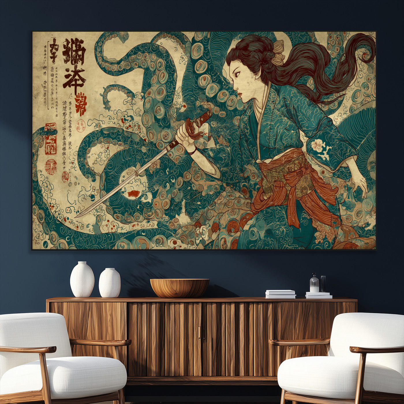 Tsukioka Yoshitoshi Samurai Wall Art Print, Japanese Katana Warrior Canvas Wall Art, Octopus Sea Monster Canvas Print,