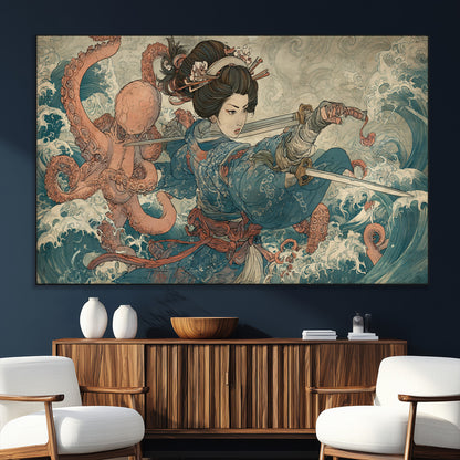 Tsukioka Yoshitoshi Samurai Wall Art Print, Japanese Katana Warrior Canvas Wall Art, Octopus Sea Monster Canvas Print,
