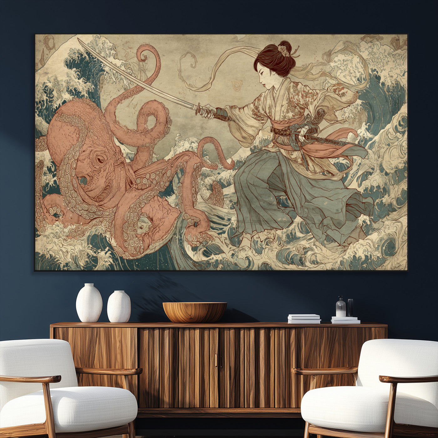 Tsukioka Yoshitoshi Samurai Wall Art Print, Japanese Katana Warrior Canvas Wall Art, Octopus Sea Monster Canvas Print,