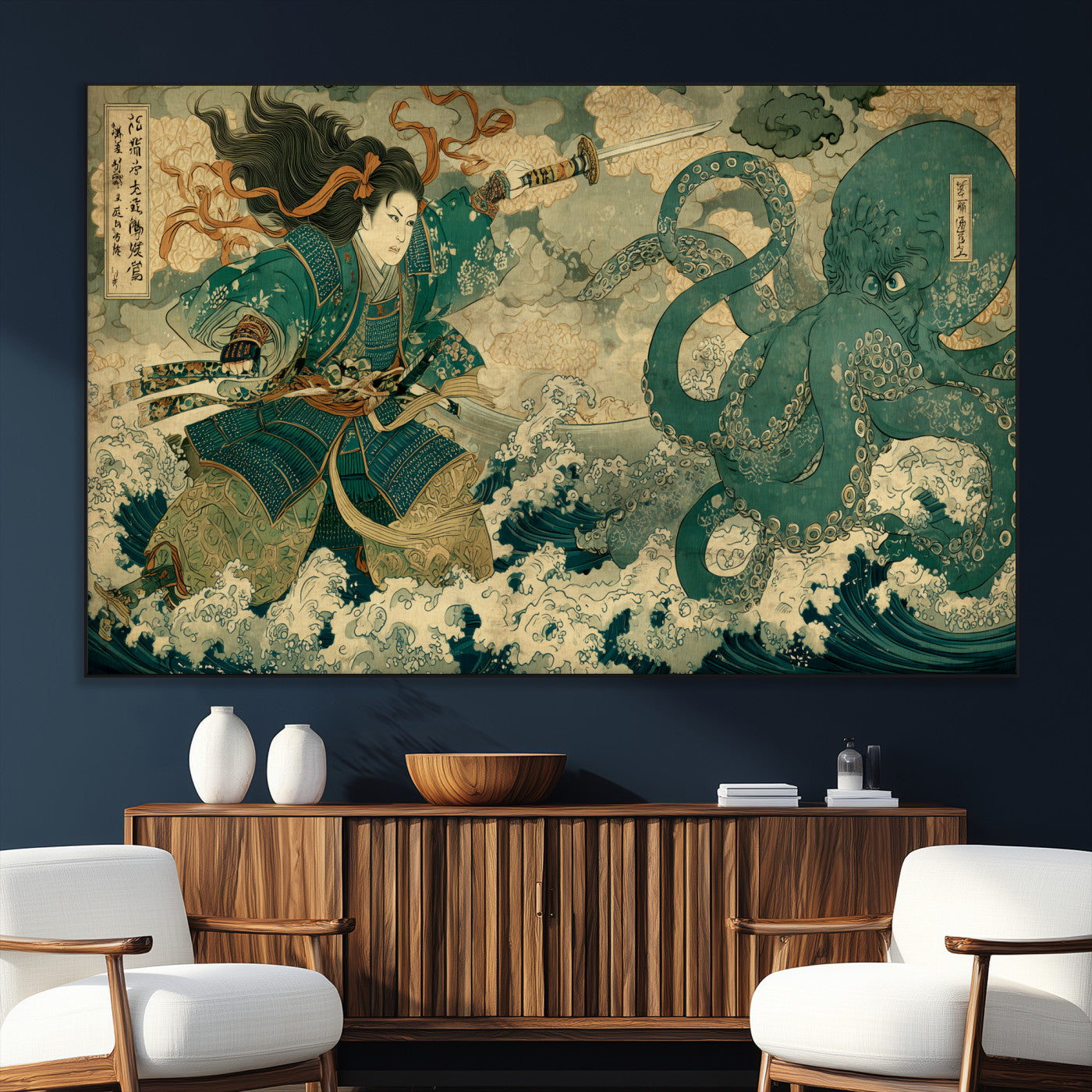 Tsukioka Yoshitoshi Samurai Wall Art Print, Japanese Katana Warrior Canvas Wall Art, Octopus Sea Monster Canvas Print,