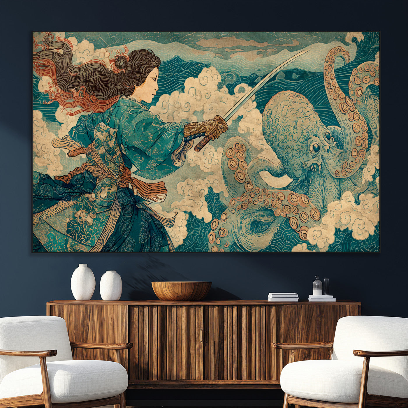 Tsukioka Yoshitoshi Samurai Wall Art Print, Japanese Katana Warrior Canvas Wall Art, Octopus Sea Monster Canvas Print,