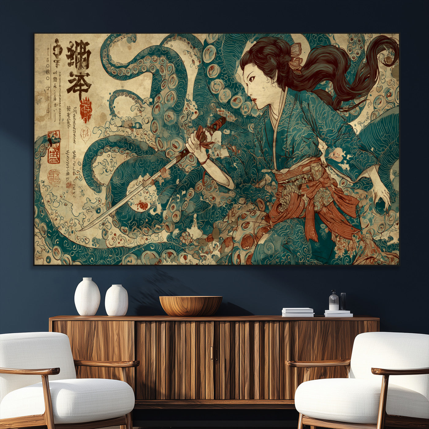 Tsukioka Yoshitoshi Samurai Wall Art Print, Japanese Katana Warrior Canvas Wall Art, Octopus Sea Monster Canvas Print,