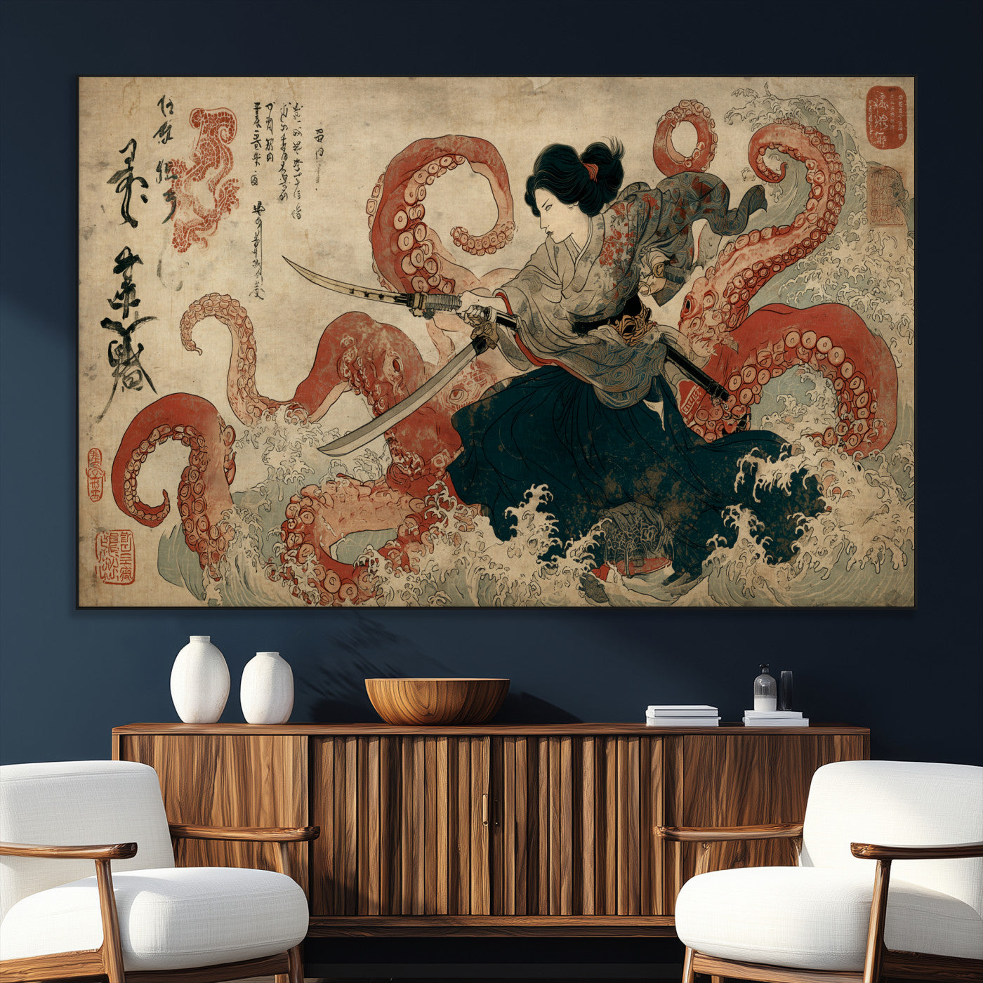 Tsukioka Yoshitoshi Samurai Wall Art Print, Japanese Katana Warrior Canvas Wall Art, Octopus Sea Monster Canvas Print,