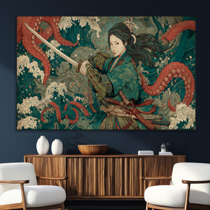 Tsukioka Yoshitoshi Samurai Wall Art Print, Japanese Katana Warrior Canvas Wall Art, Octopus Sea Monster Canvas Print,